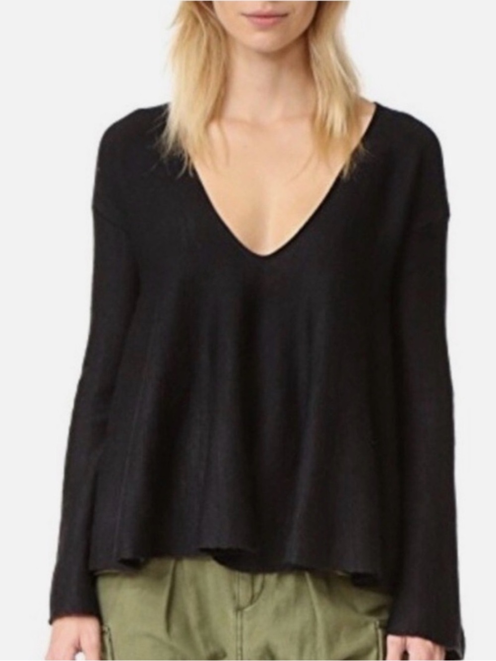 Free People “Sundae” Swing Sweater – Black V-Neck, Size L